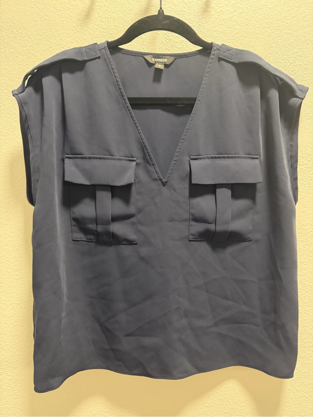 Express Sleeveless V-Neck Utility Pocket Top - Navy Blue